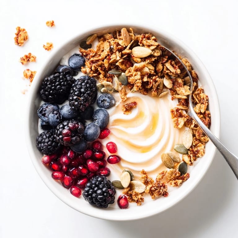A serene breakfast scene featuring a yogurt bowl with winter berries and spiced crunch beside a warm mug of chai tea.