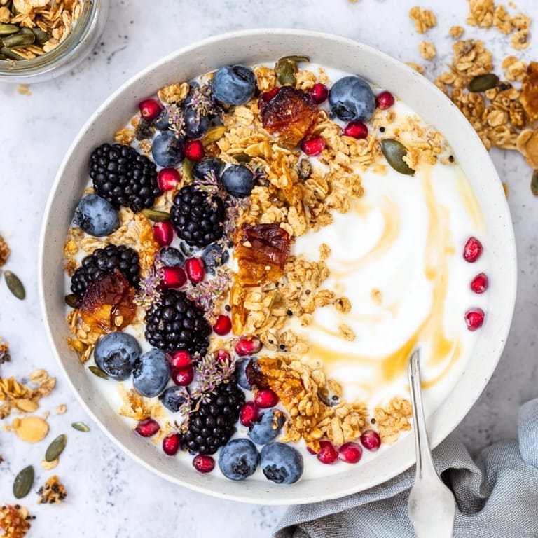 An overhead shot of a yogurt bowl with winter berries and spiced crunch, showcasing vibrant blueberries and golden toasted oats.