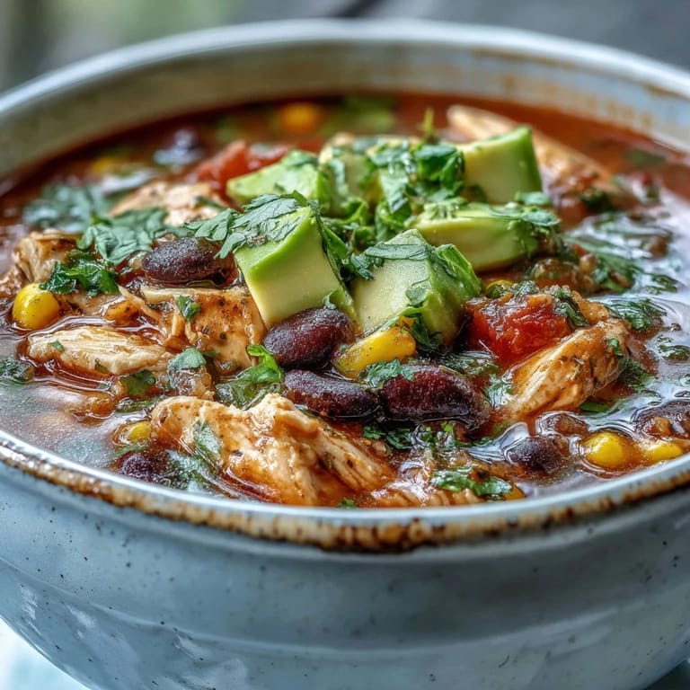 Bubbling Tex-Mex Southwestern Turkey Soup topped with avocado, tortilla chips, and cilantro.