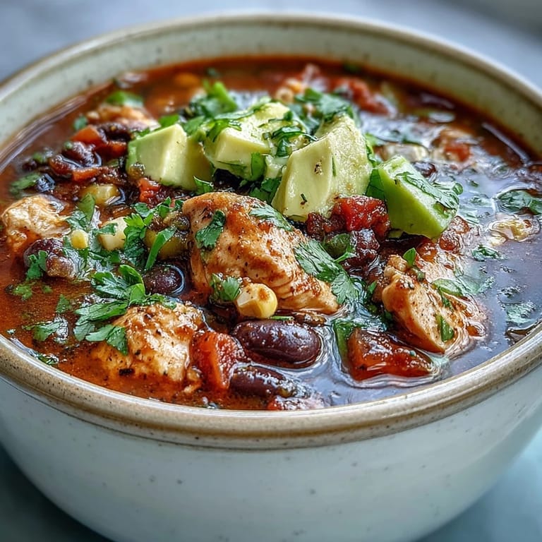 Close-up of Southwestern Turkey Soup with corn, tomatoes, and chiles in a pot.
