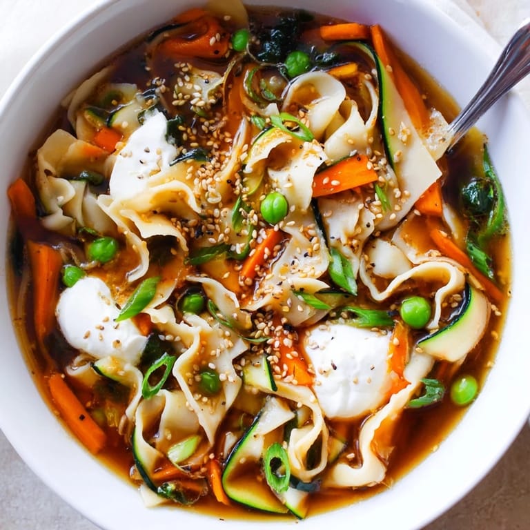 Deliciously layered Sweet Soy Udon Lasagne Soup garnished with green onions and sesame seeds.