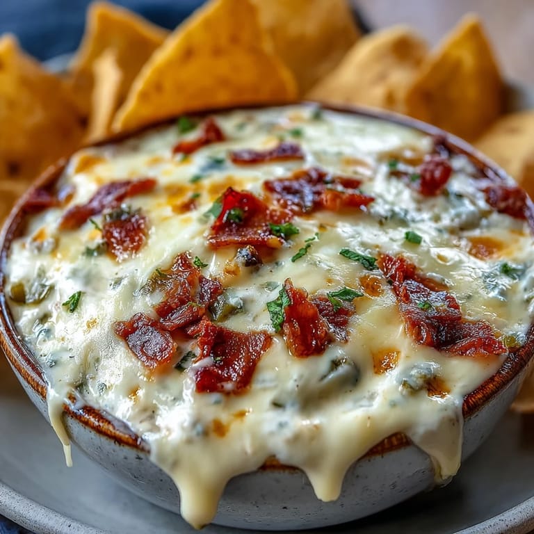 A warm bowl of Queso Dip garnished with diced tomato and green onions, surrounded by crunchy tortilla chips for dipping.