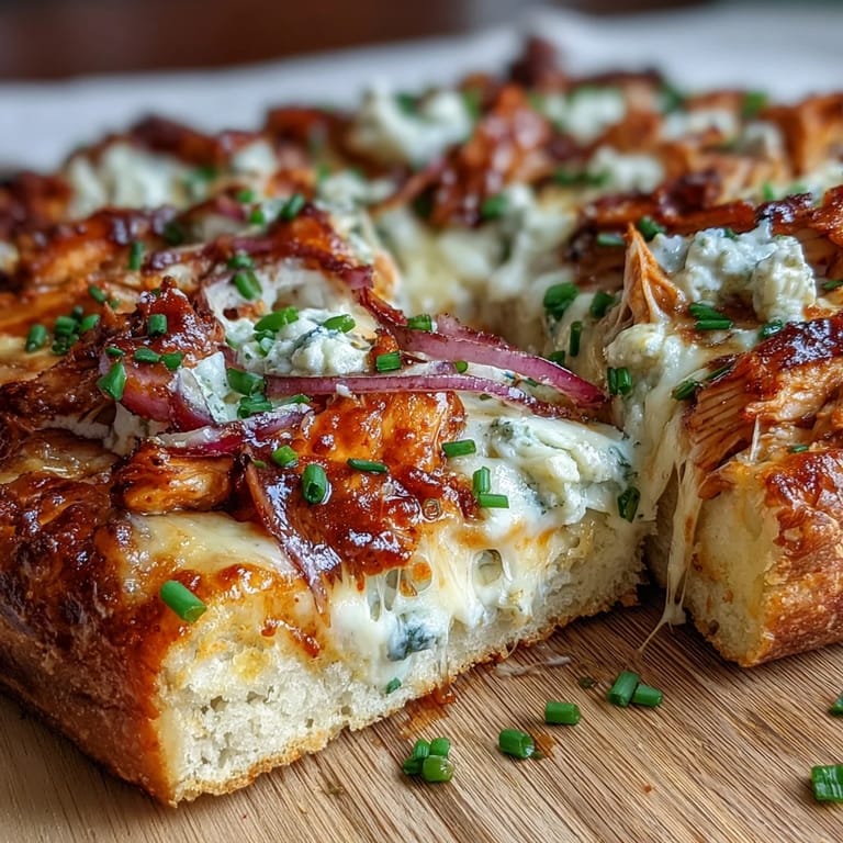 Close-up of a Buffalo Chicken Pizza showcasing spicy buffalo chicken, blue cheese crumbles, and a golden, crispy crust ready to slice.