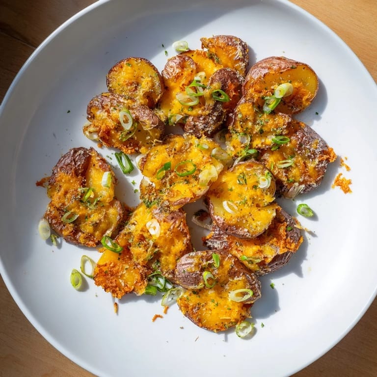Golden-brown smashed potatoes with green onions, perfect for appetizers or side dishes.
