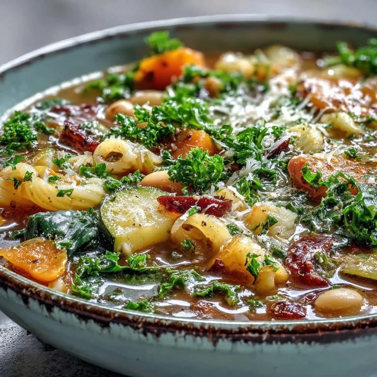 Cozy pot of Winter Minestrone Soup simmering on the stove, filled with fresh vegetables and herbs for a comforting meal.