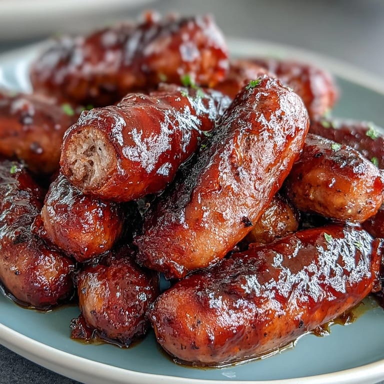 Golden Crock Pot BBQ Cocktail Sausages simmering in a thick, tangy apricot glaze, ideal for party snacks and easy entertaining.