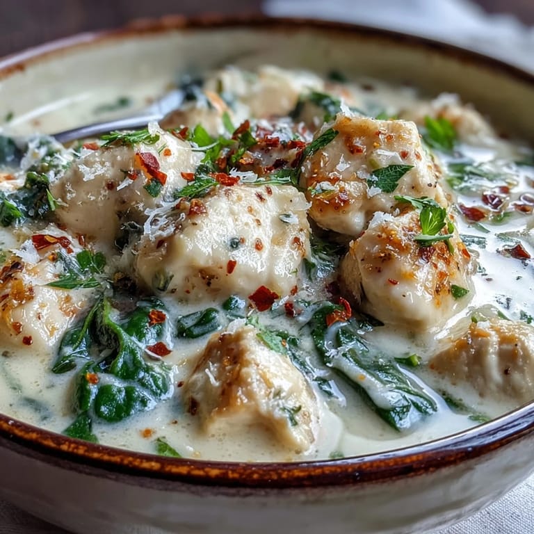 Steaming garlic paresan chicken soup in a rustic bowl, showing wilted spinach leaves and a swirl of rich cream.