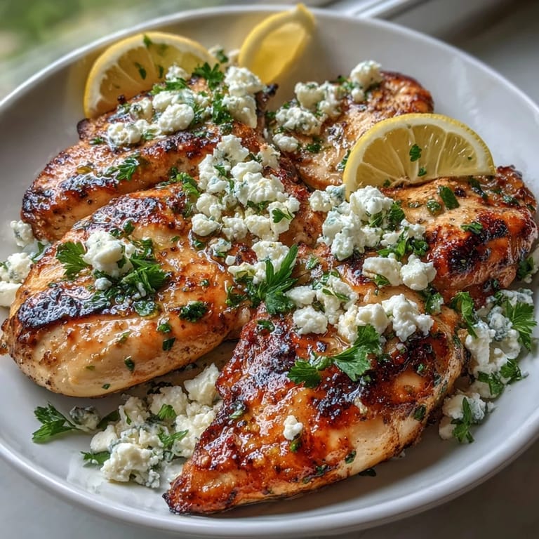 A vibrant plate of Greek Chicken with Lemon and Feta, topped with crumbled feta and fresh herbs.