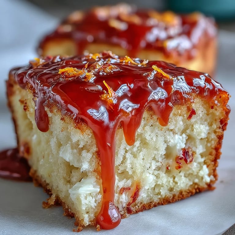A freshly baked Heavenly Blood Orange Yogurt Cake loaf rests on a white plate, showcasing its vibrant glaze and soft, creamy texture.