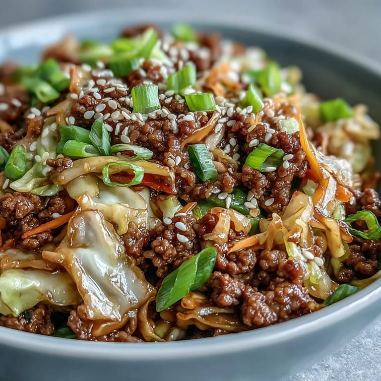 A steaming serving of Egg Roll in a Bowl garnished with green onions and sesame seeds over fluffy rice.