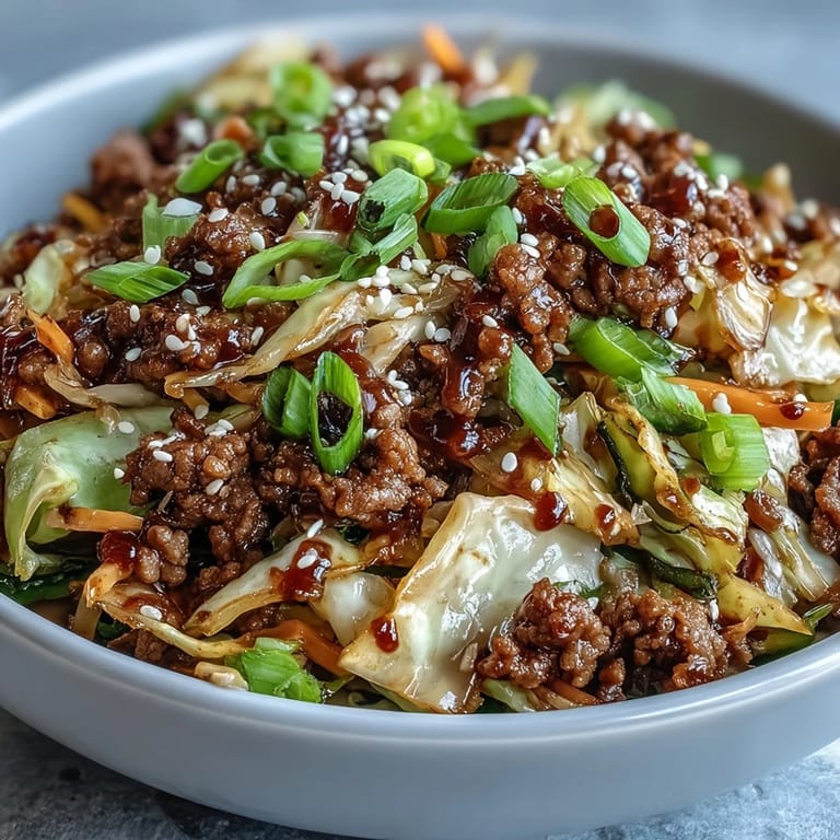 Freshly cooked Egg Roll in a Bowl in a skillet, featuring vibrant cabbage, carrots, and a savory ginger-soy sauce.