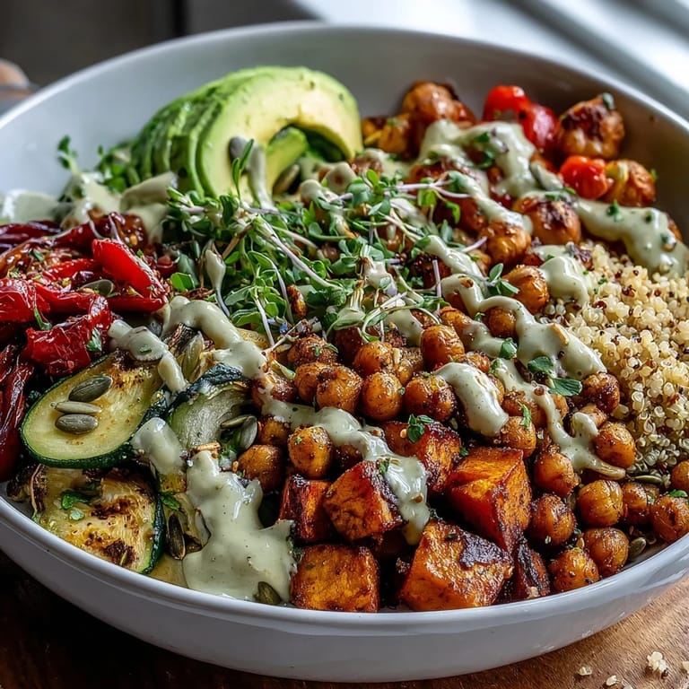 Vibrant Chickpea Power Bowl with quinoa, roasted sweet potatoes, bell peppers, and fresh avocado slices for a healthy lunch.