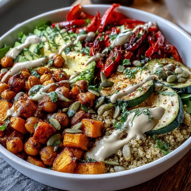 Served Chickpea Power Bowl topped with pumpkin seeds and herbs, showing a nourishing vegan dinner with tahini sauce.