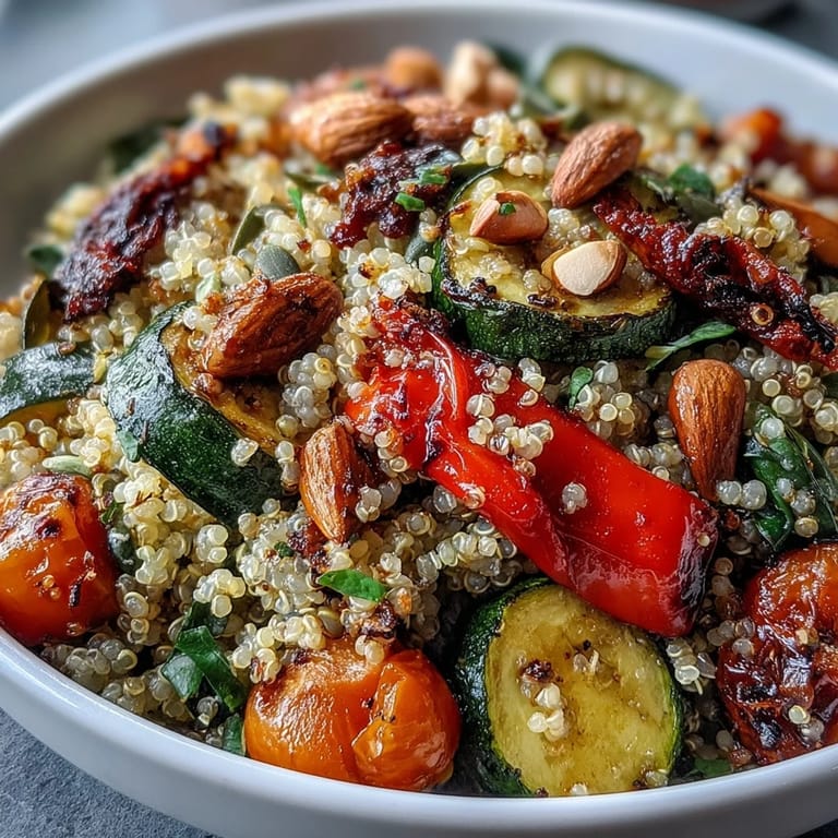 Fluffy quinoa Veggie and Quinoa Power Bowl topped with caramelized bell peppers, zucchini, carrots, and crunchy pepitas. 