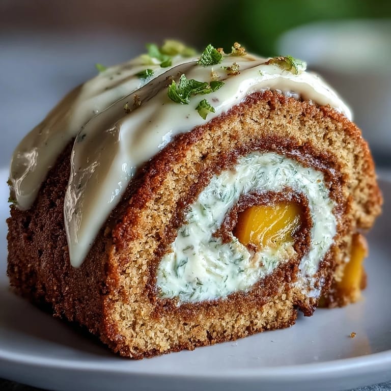 Homemade Hojicha Roll Cake with creamy hojicha filling and thin mango strips, sliced to show the spiral on a marble backdrop.