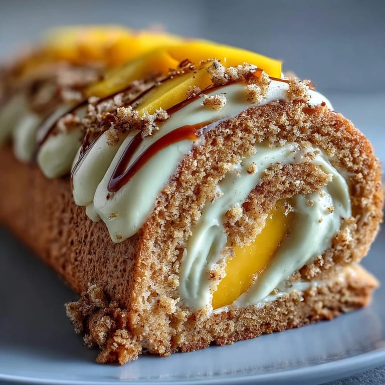 Perfectly sliced Hojicha Roll Cake reveals layers of sponge and hojicha cream, with mango, served on a dessert plate.