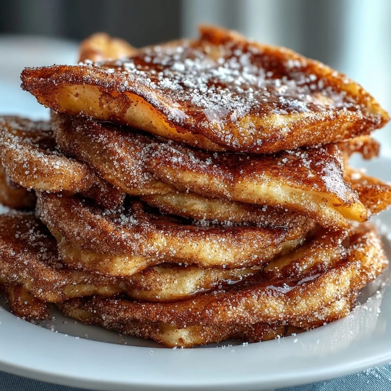 Golden-brown Spanish Churro-Inspired Pancakes with crispy edges, served alongside fresh berries and a pat of butter.