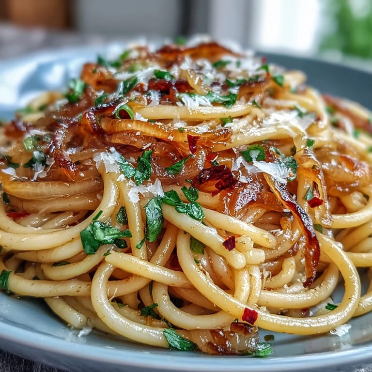 Close-up of Caramelized Onion Pasta with Chili Oil in a skillet, featuring deep brown onions and a glossy, spicy oil coating every noodle.