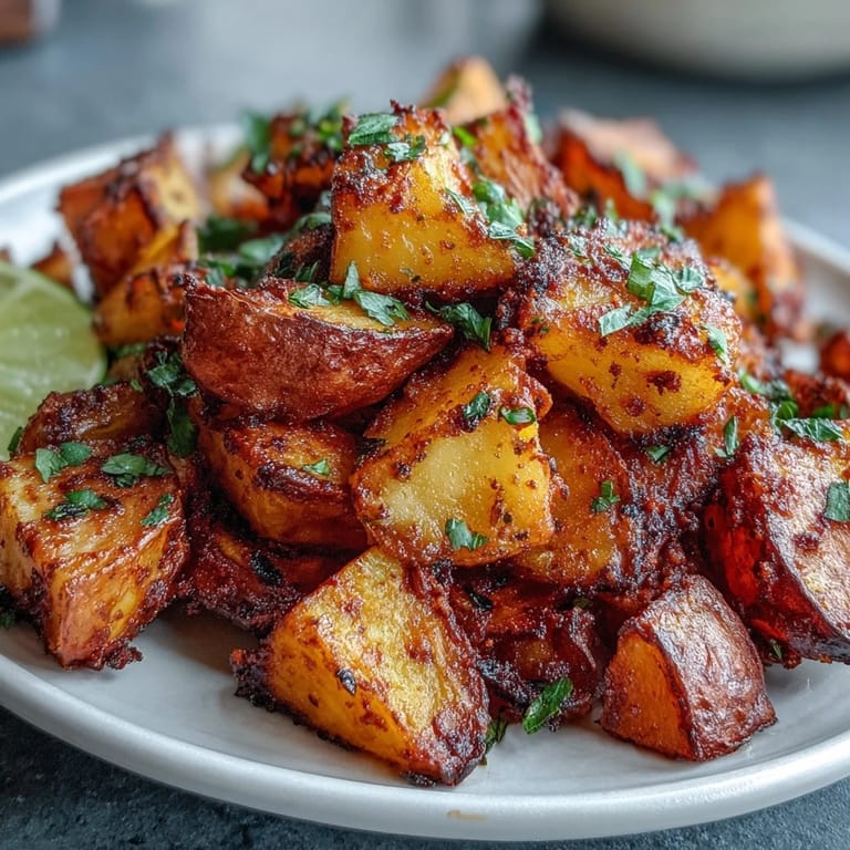 Crispy diced Spicy Mexican-Style Street Potatoes topped with lime and creamy crema on a plate.