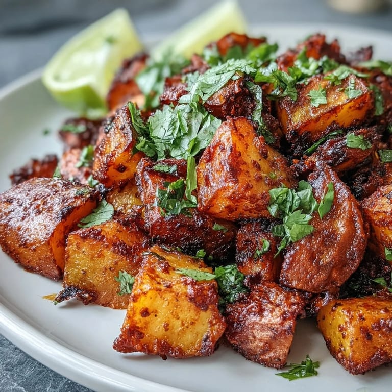 A close-up of savory Spicy Mexican-Style Street Potatoes ready to serve as a hot snack.
