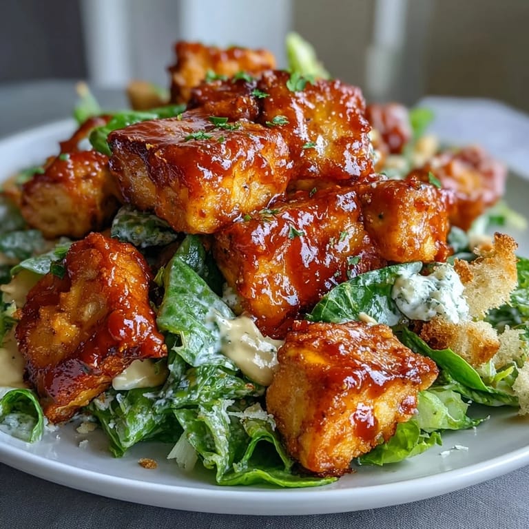 Tossing crispy Buffalo tofu with Caesar salad, topped with fresh Parmesan and crunchy croutons.