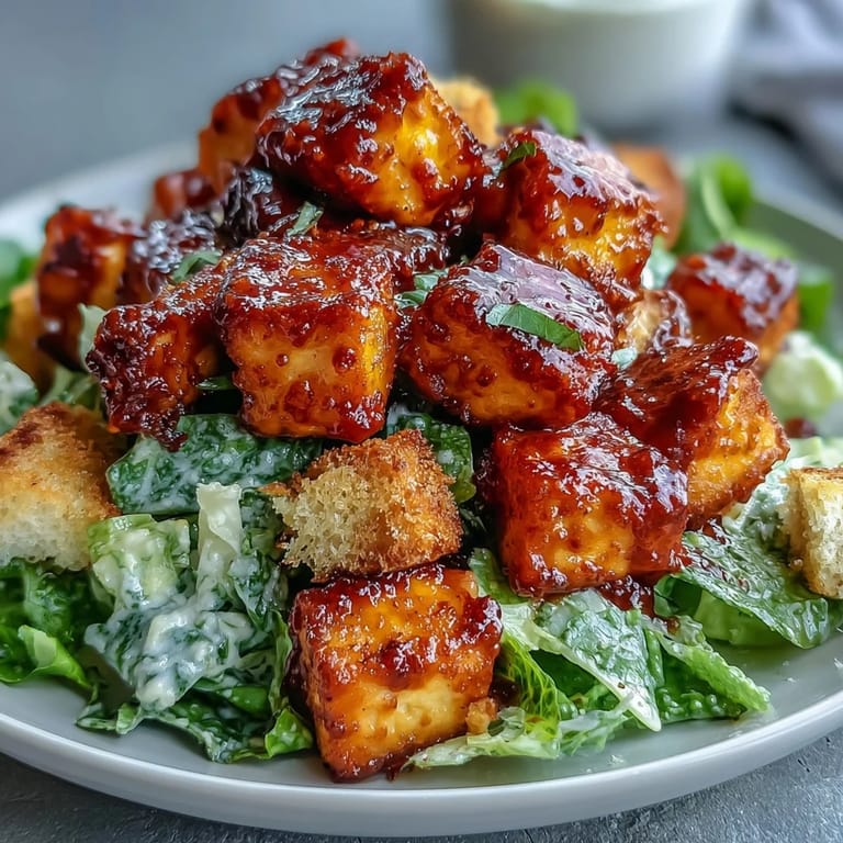 Sizzling Buffalo tofu cubes served on a bed of crisp romaine Caesar salad for dinner.