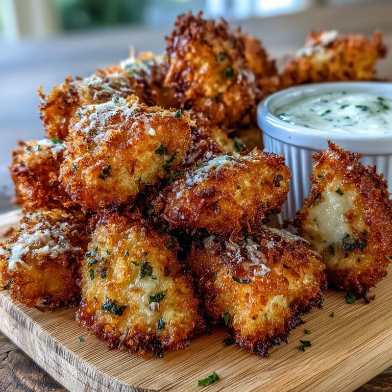 Sizzling Asiago Panko Chicken Bites arranged on a platter with marinara sauce for dipping.