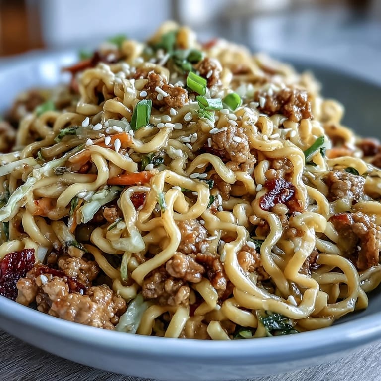 Heaping skillet of Creamy Potsticker Noodle Stir-Fry with wilted coleslaw mix, tender turkey, and a creamy soy-sesame glaze.