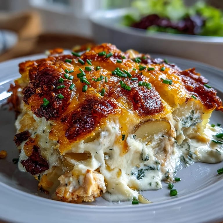 The finished Creamy Ranch Chicken Potato Bake in a rustic casserole dish, garnished with fresh green chives and ready to be served as a family dinner.