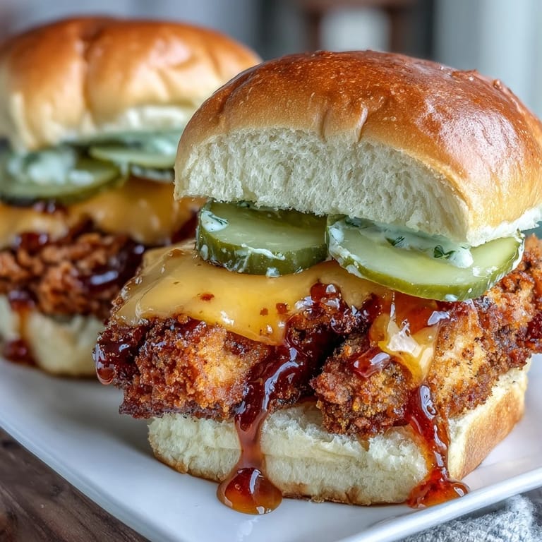 Freshly baked sliders with crispy chicken, spicy sweet glaze, and dill pickles on fluffy buns ready to serve.