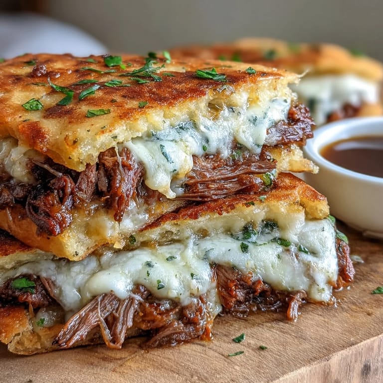 Golden, crispy folded naan bread piled high with tender beef and gooey mozzarella, served with a side of rich jus.