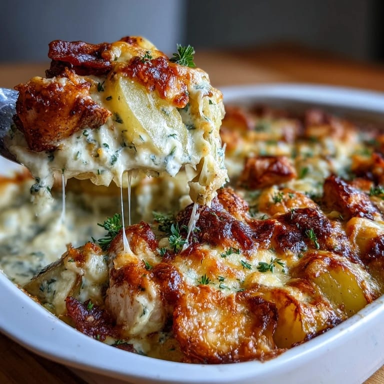 Golden bubbling Creamy Ranch Chicken Potato Bake casserole fresh from the oven, paired with a crisp green salad side.