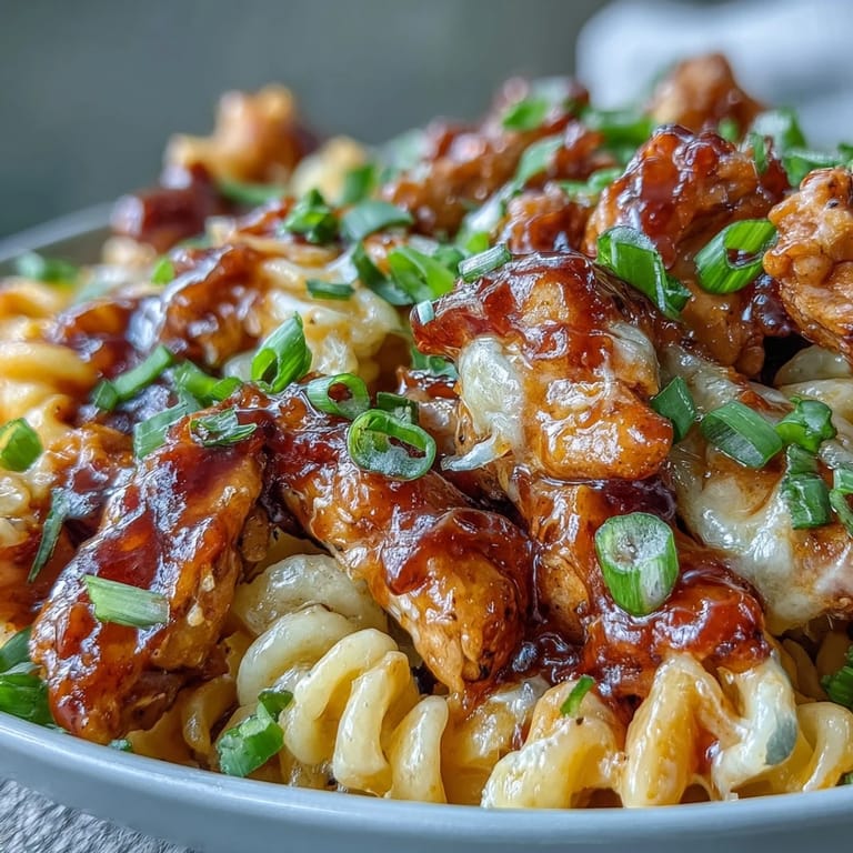 Creamy cheddar macaroni and glazed chicken in a Sticky Honey BBQ Chicken Pasta Skillet, ready to serve.