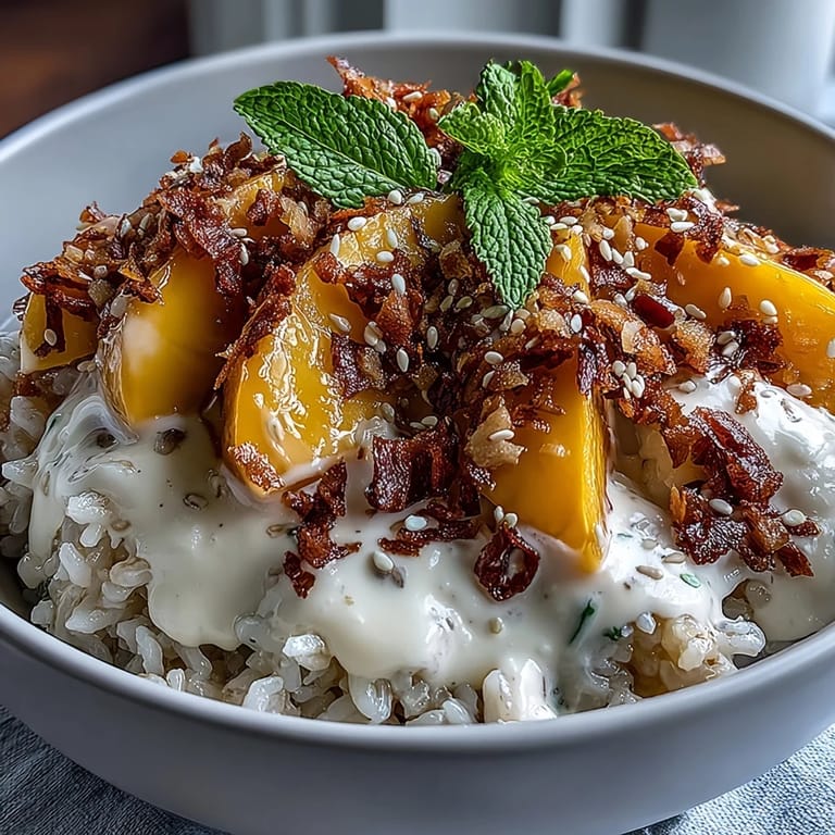 Garnished with toasted coconut flakes, these Vegan Mango Sticky Rice Breakfast Bowls with Coconut Cream look vibrant in the morning light.