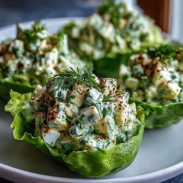 Fresh, low-carb lettuce boats filled with rich avocado egg salad and finished with bold everything bagel crunch for a flavorful bite.  