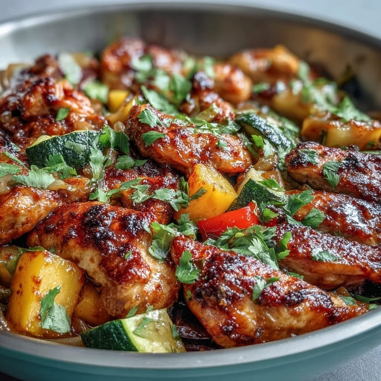 Spicy chili-marinated chicken breasts baked with fresh mango, zucchini, and bell peppers for a healthy, flavorful summer dinner.