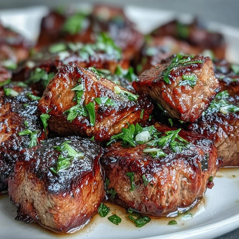 Savory steak bites in garlic butter sauce, paired with crunchy baked avocado fries and refreshing zucchini ribbons for a keto meal.