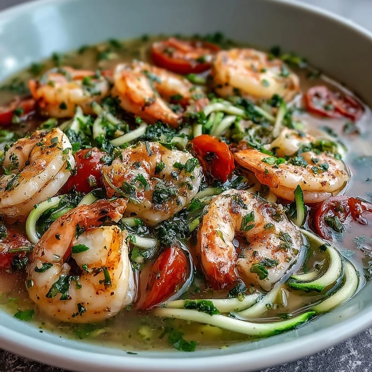 Colorful shrimp and zucchini noodles in a fragrant lemon-garlic broth, perfect for a light dinner.