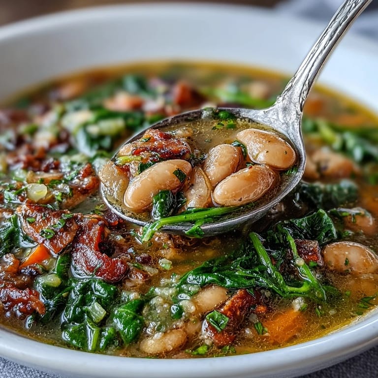 Rustic Italian vegan soup featuring cannellini beans, fresh spinach, and aromatic herbs, served steaming hot in a rustic bowl.  