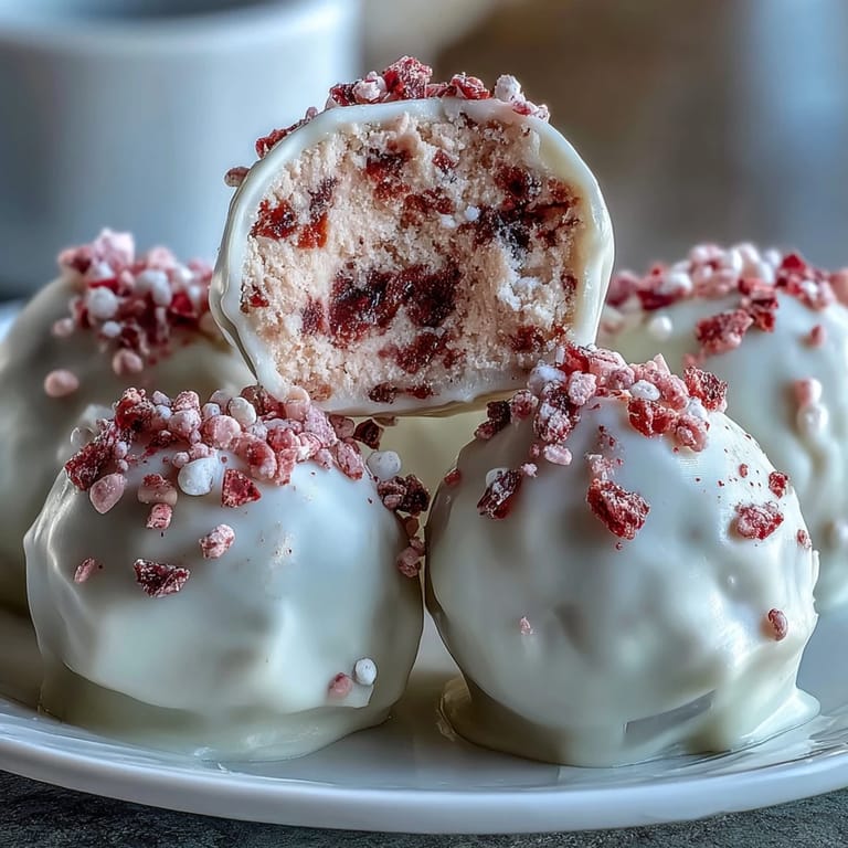 Luscious homemade strawberry truffles filled with creamy white chocolate and topped with vibrant strawberry powder, perfect for romantic celebrations.