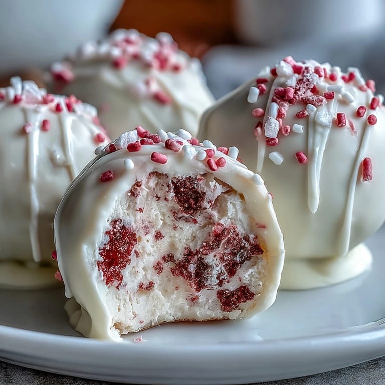 Decadent strawberry-infused white chocolate truffles, rolled into bite-sized treats and garnished with festive sprinkles for a sweet Valentine's gift.