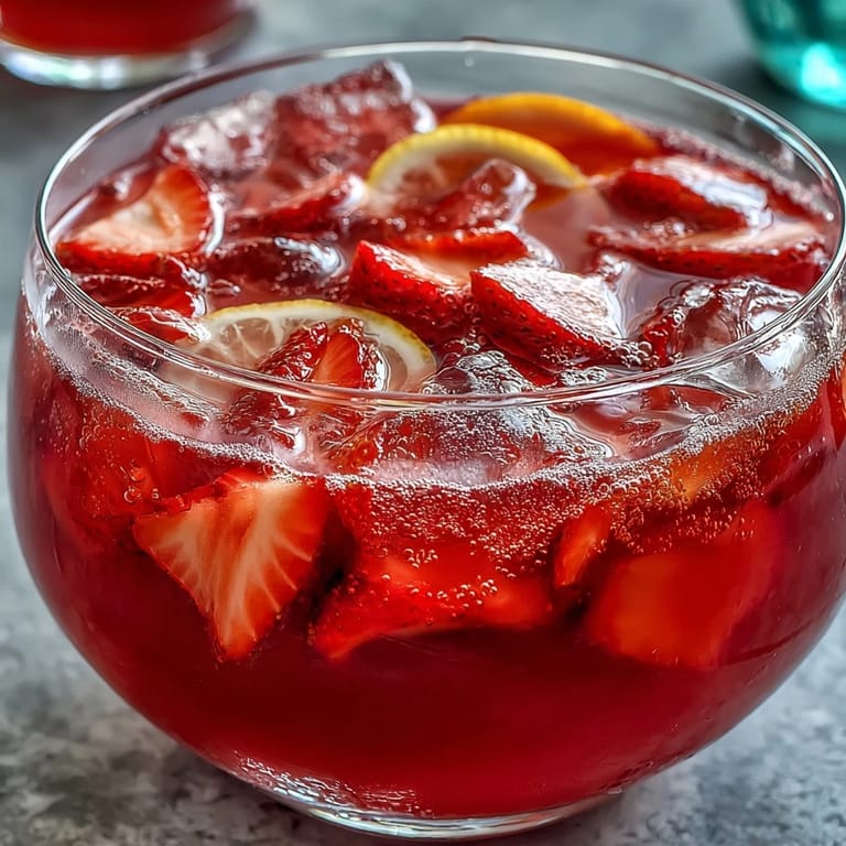 Refreshing Galentines Pink Lemonade Strawberry Punch served in clear glasses, featuring bright red strawberries, lemon slices, and a fizzy pink hue.