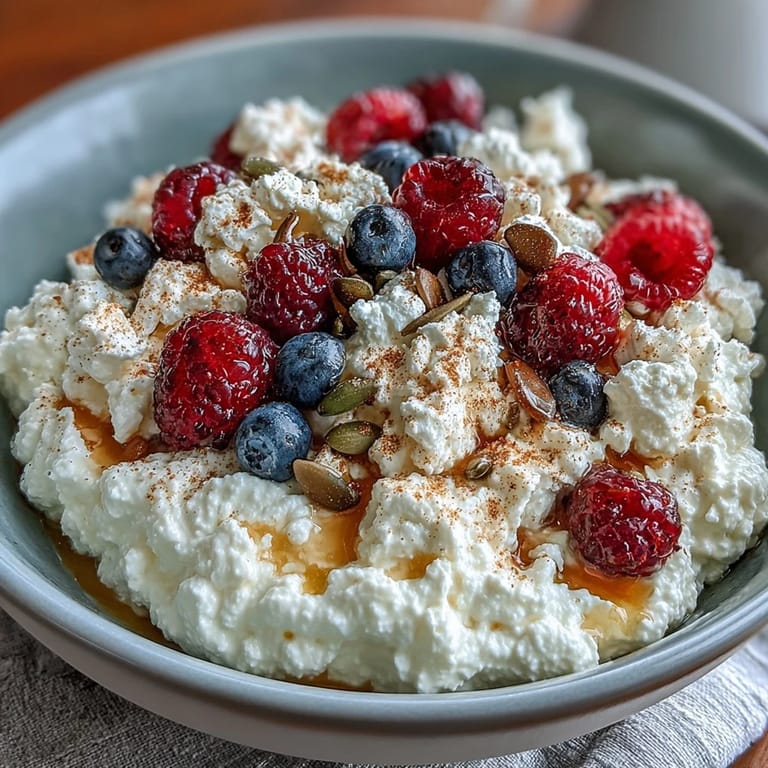 Healthy cottage cheese breakfast bowl featuring juicy berries, chia seeds, and pumpkin seeds, perfect for a quick and energizing start.