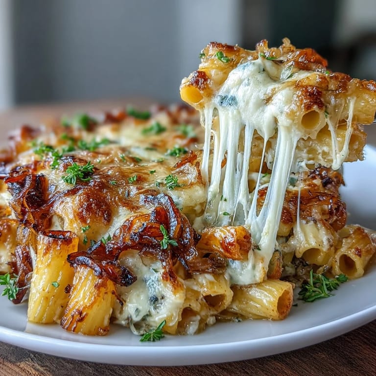 Baked pasta casserole combining savory French onion flavors with golden cheese topping and tender noodles.