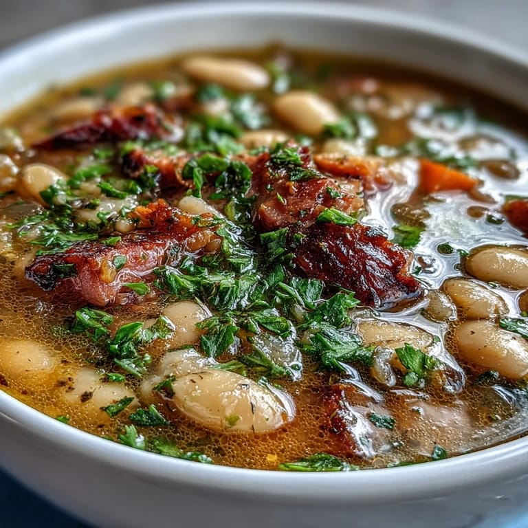 Comforting slow-cooked Ham and Great Northern Bean Soup featuring smoky ham, creamy beans, and classic vegetables for chilly days.