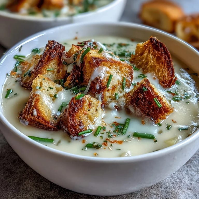Warm bowl of leek and potato soup topped with crispy sourdough croutons, garnished with fresh chives for added aroma and color.