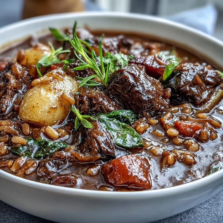 Warm and comforting bowl of Guinness beef stew with pearl barley, carrots, parsnips, and potatoes.  
