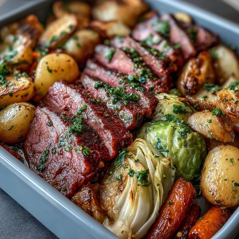 Easy Irish-American corned beef sheet pan dinner with tender cabbage wedges and crispy potato edges.  