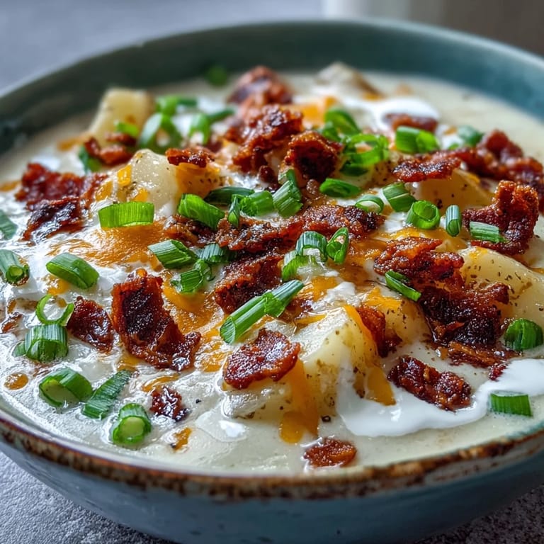 Warm bowl of lightened-up potato soup topped with melted cheddar, crispy turkey bacon, and fresh green onions.  