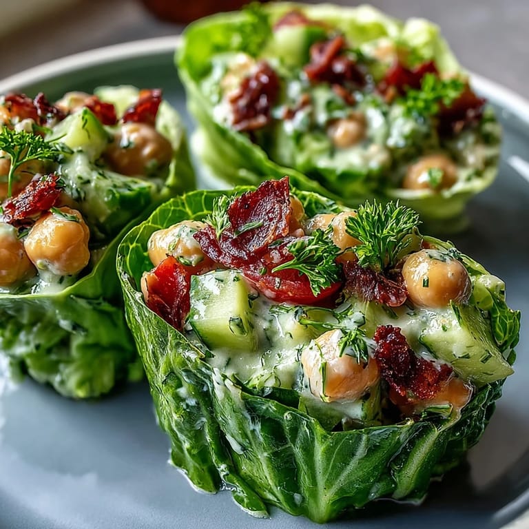 Zesty lemon-dressed chickpea and avocado salad served in crunchy lettuce shells, ideal for a quick, nutritious vegetarian meal.